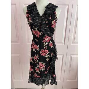 White House Black Market Floral & Polka Dot Faux Wrap Dress - Size 6